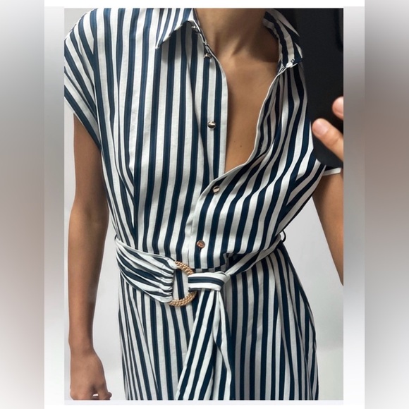 NWT ZARA Midi Dress Linen Blend Navy Stripe Resort Beachy Chic , Large